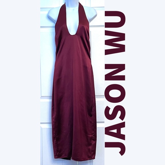 JASON WU Satin MIDI Dress Plunging U Neckline Halter Burgundy Wine Sz S NWT - Picture 1 of 11